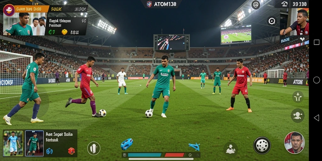 Screenshot gameplay ATOM138 menampilkan aksi seru di lapangan sepak bola.