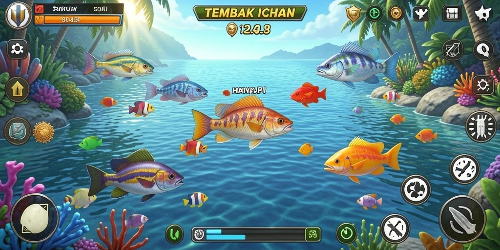 Screenshot utama menunjukkan gameplay menembak ikan yang seru.