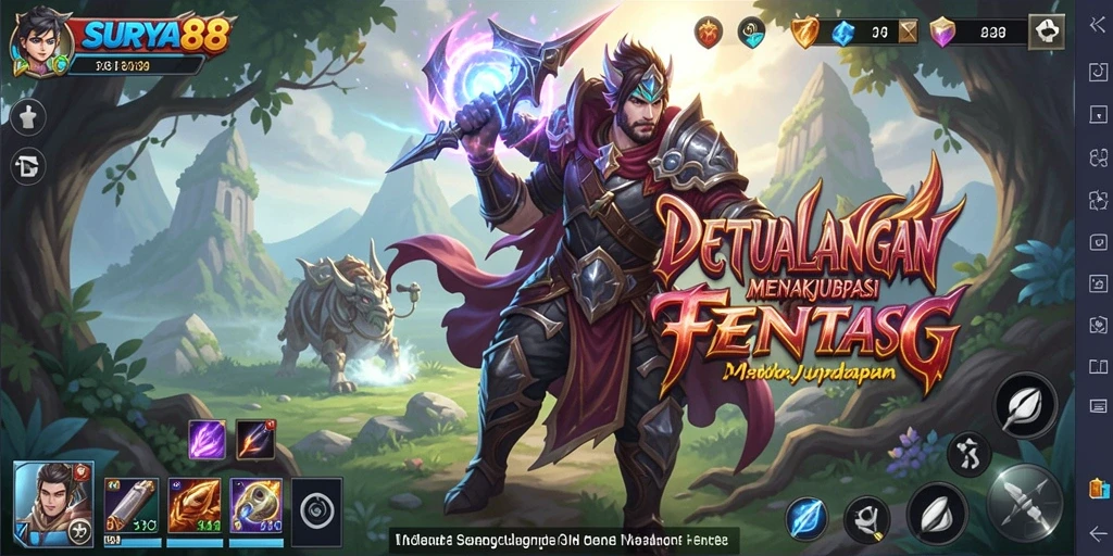 Screenshot gameplay SURYA88 dengan pertarungan epik di dunia fantasi.