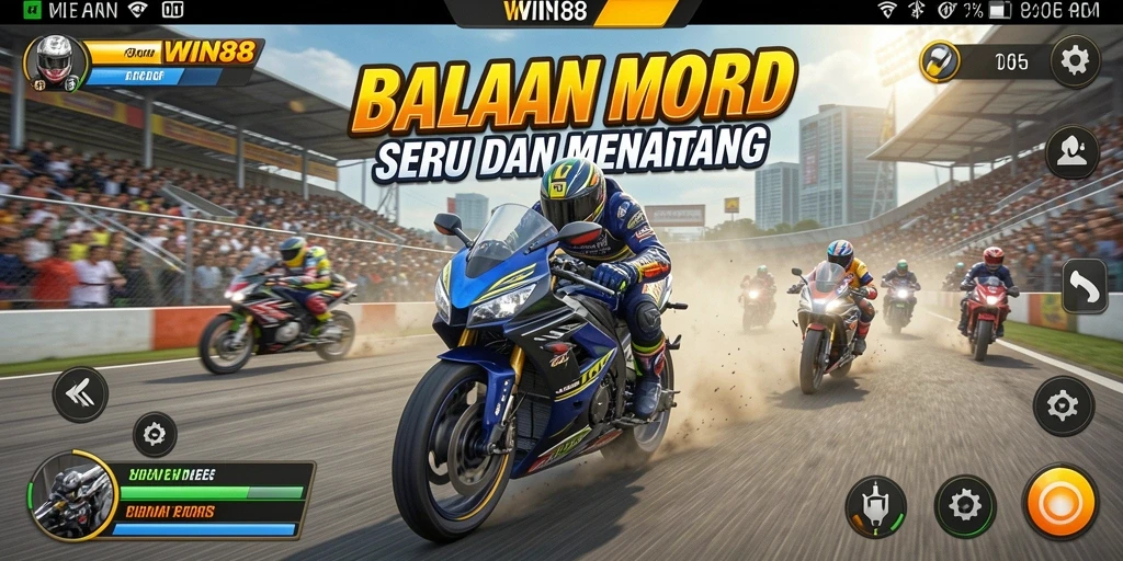 Tampilan gameplay menegangkan dalam balapan motor cepat.